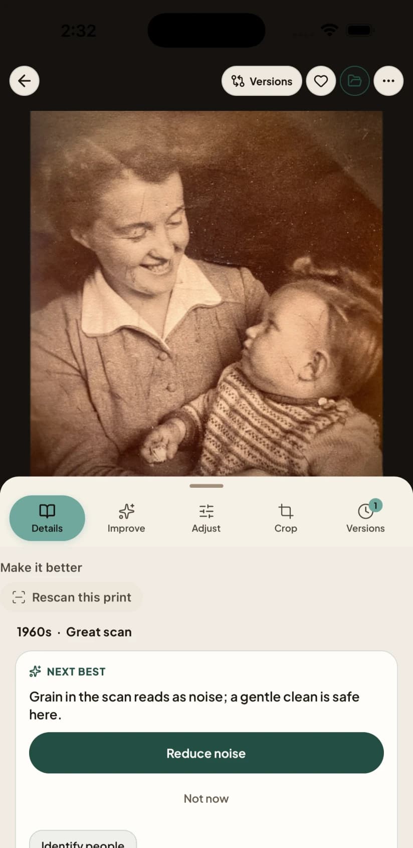 The Nostalgia app open on Notes, with a next step to identify people, an editable caption, and archive notes for when, where and what.