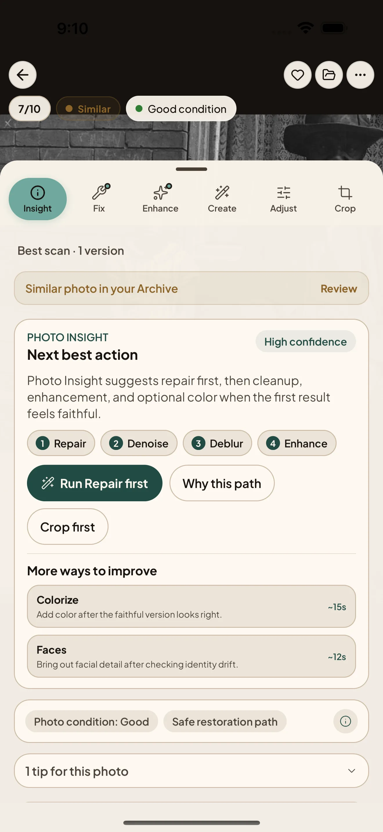 Nostalgia mobile Photo Insight screen with next action guidance.