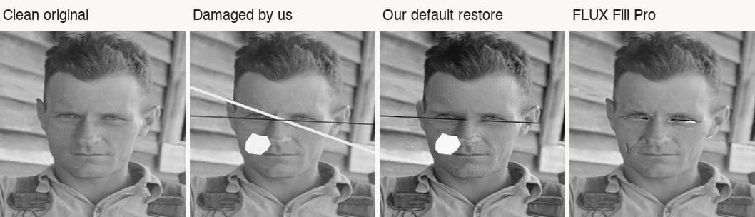 Floyd Burroughs in 1936, four ways: the clean original; the same photo with a scratch, a crease and a missing patch added by us; our default restore with the damage still there; and FLUX Fill Pro with dark streaks drawn across the eyes