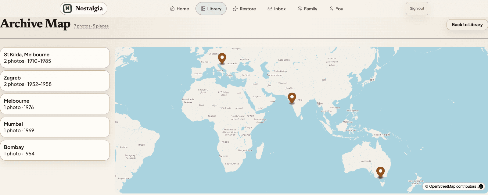 The Archive Map plotting a family's photos across Zagreb, Mumbai, and Melbourne