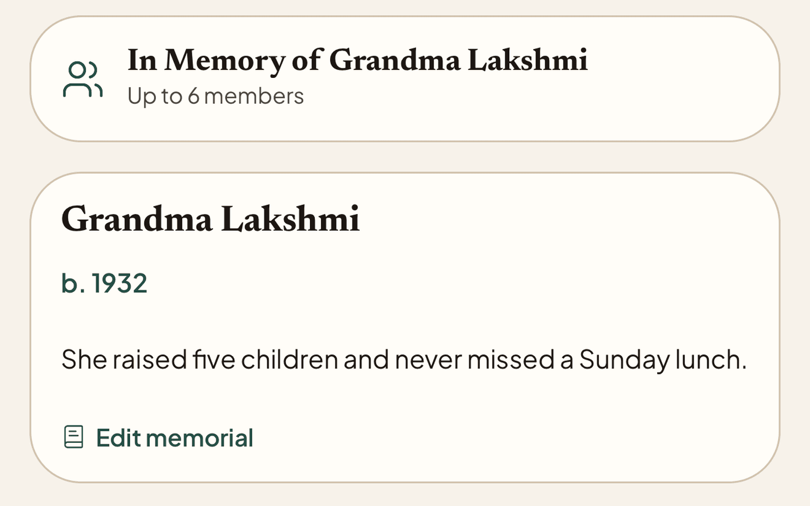 Memorial hero with name, life dates, and a tribute