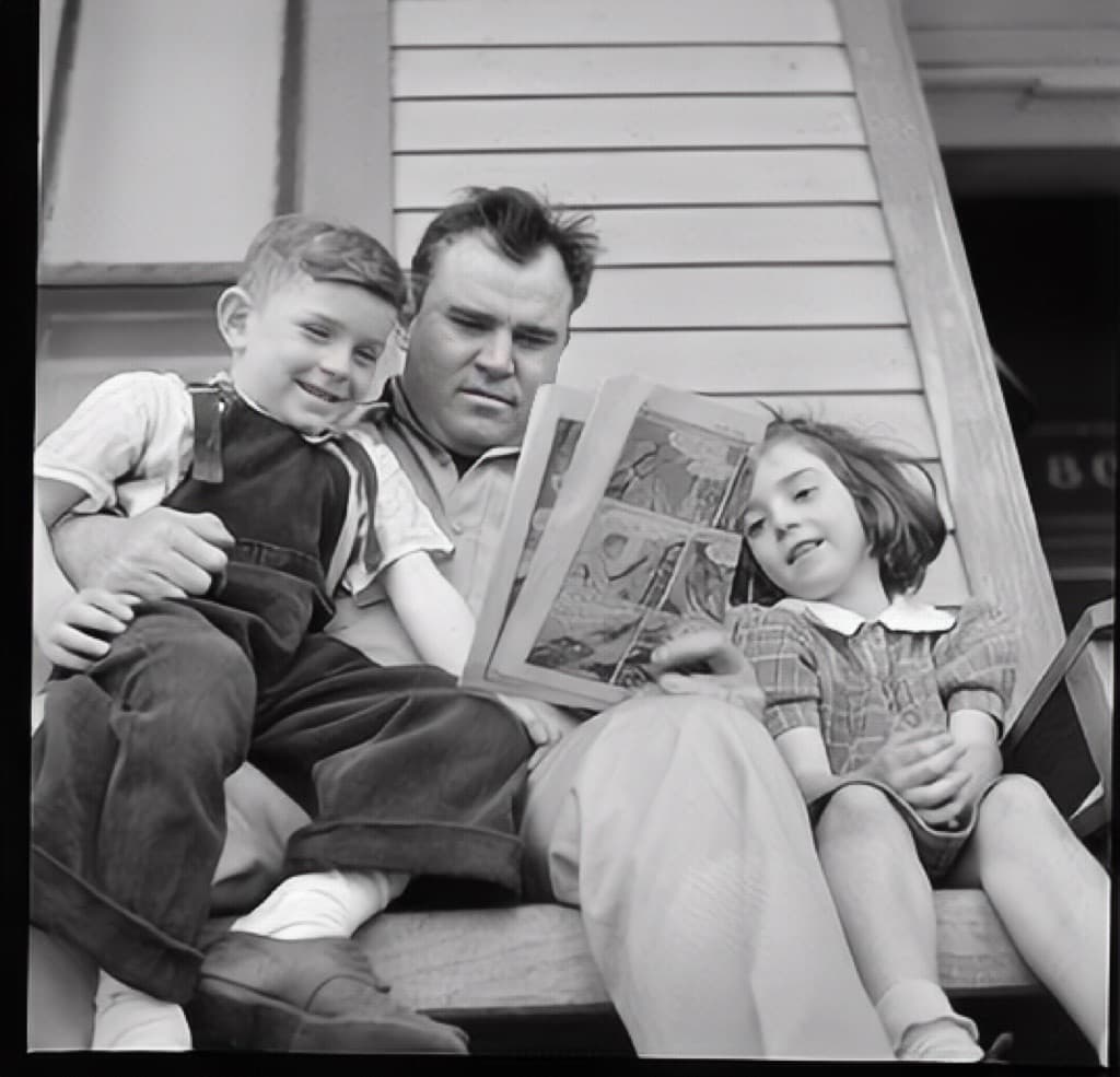 A restored family photo of a parent reading to children, the kind of private memory Nostalgia never sells and does not use for AI training without permission
