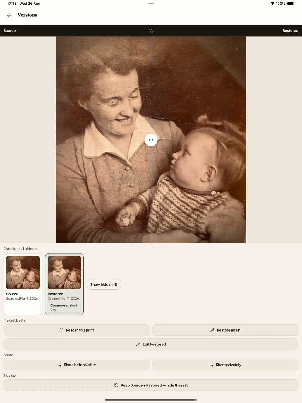 The Nostalgia app on iPad, with the accepted Source beside the restored photograph.