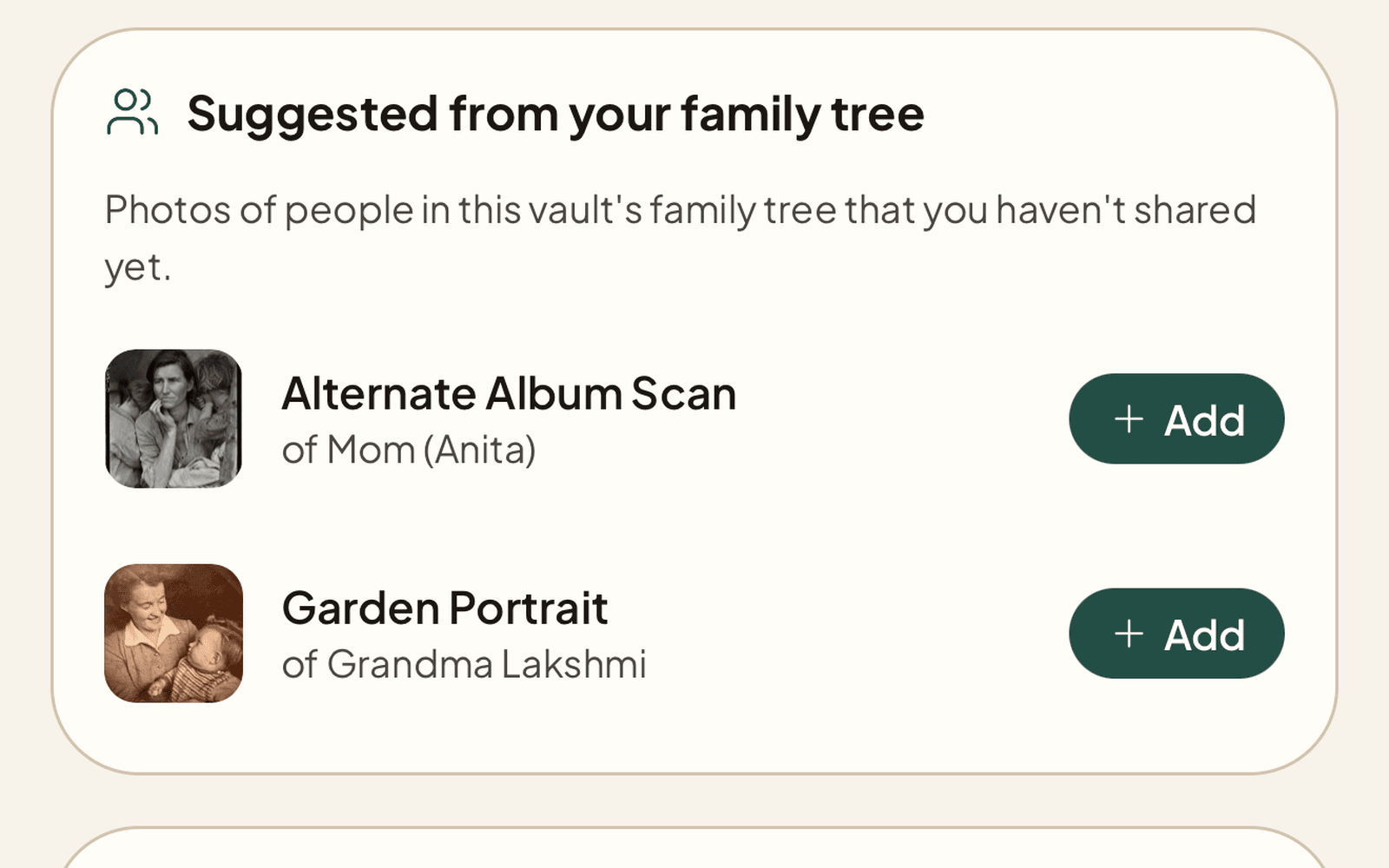 Suggested from your family tree: unshared photos of tree members with one-tap Add