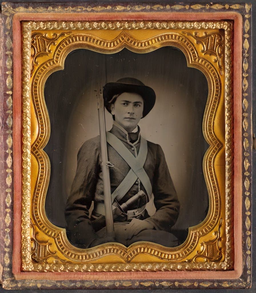 Restored black-and-white portrait of a young Civil War era soldier, damage repaired and likeness preserved