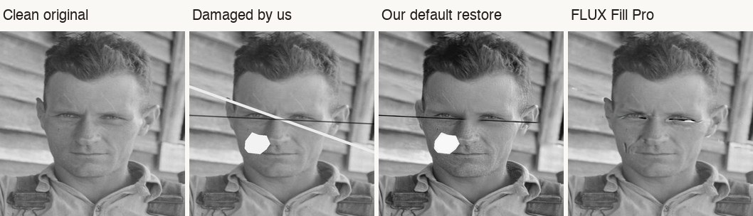 Floyd Burroughs in 1936, four ways: the clean original; the same photo with a scratch, a crease and a missing patch added by us; our default restore with the damage still there; and FLUX Fill Pro with dark streaks drawn across the eyes