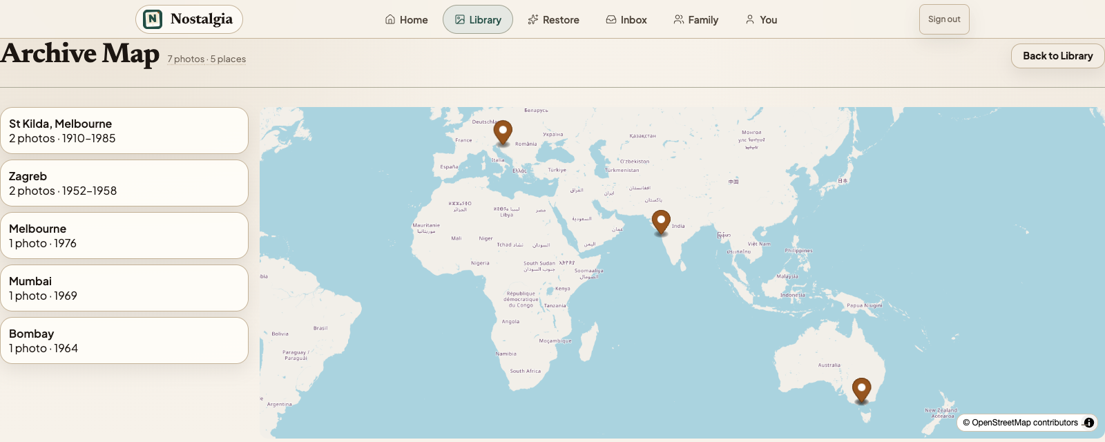 Archive Map plotting restored family photos across cities and decades