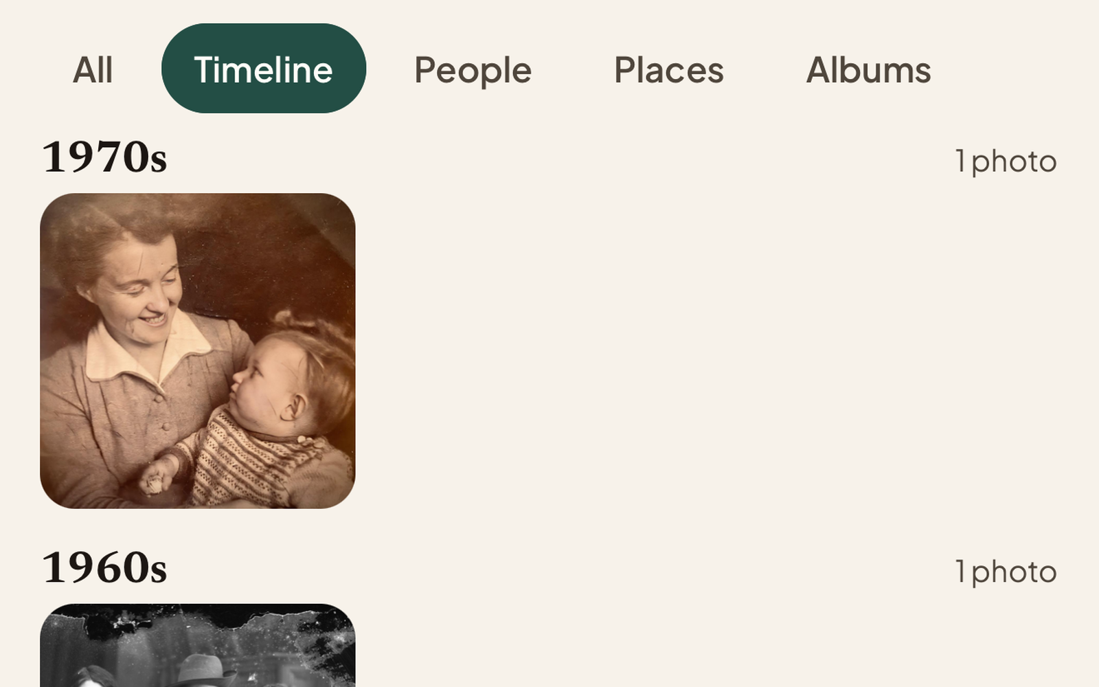 Library Timeline lens grouping restored photos by decade