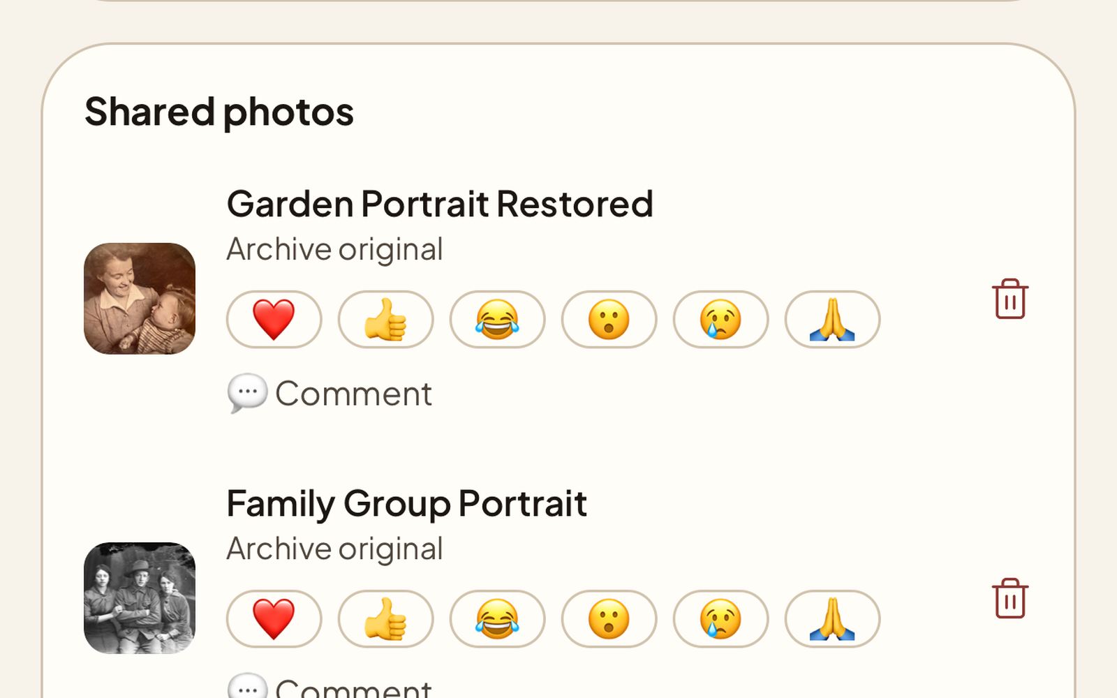Family Vault shared photos with member reactions and comments