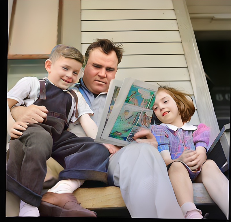 Same photo restored and colorized with natural skin tones and clothing color