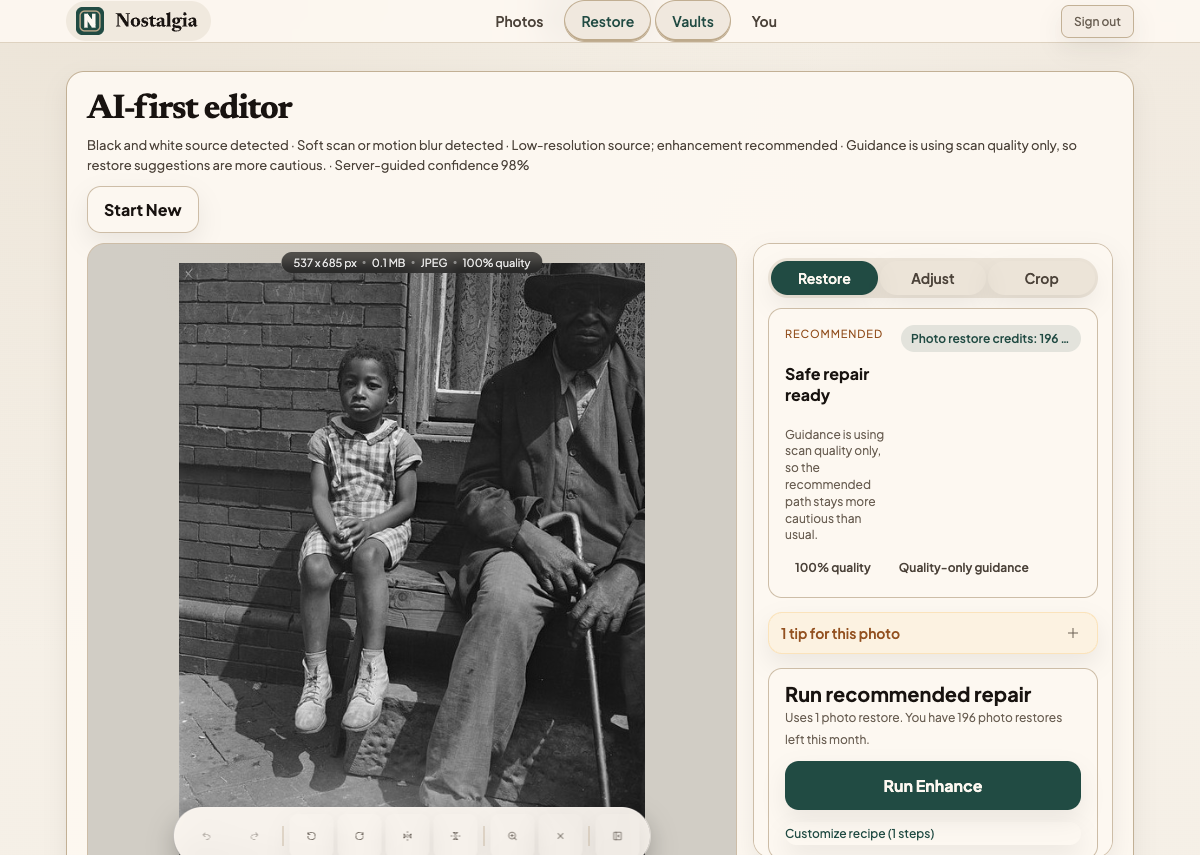 Photo check report showing condition score, detected damage tags, and recommended restoration steps